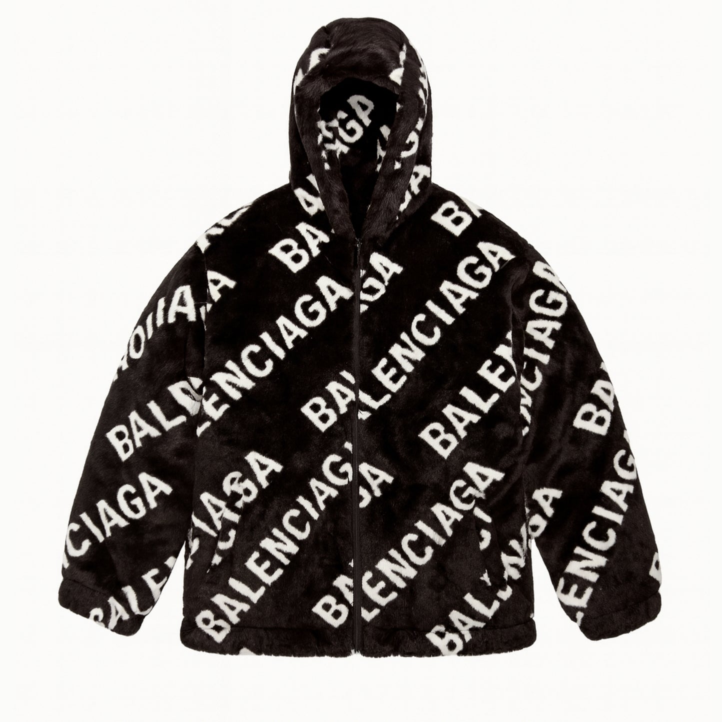 Balenciaga Faux-Fur Hooded Jacket - Black White