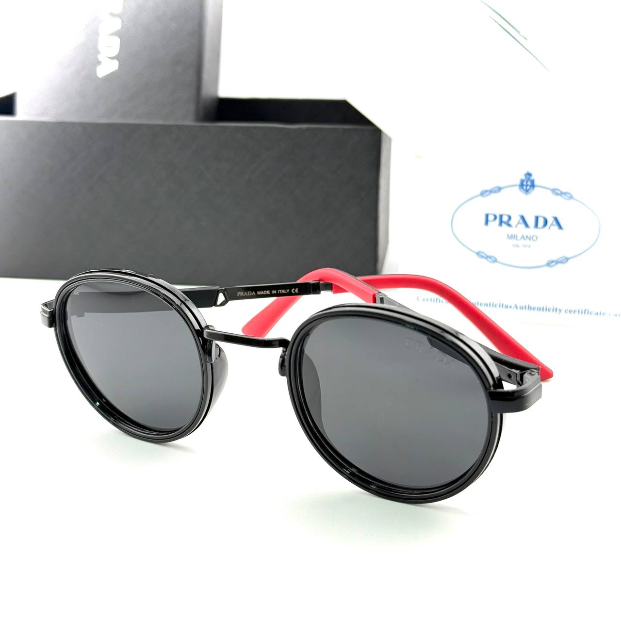 Prada Round Clip-On Sunglasses – Black Frame / Black Lenses