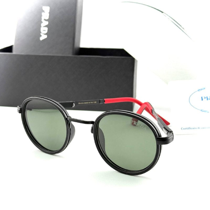 Prada Round Sunglasses – Black Frame / Green Lenses