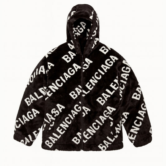 Balenciaga Faux-Fur Hooded Jacket - Black White
